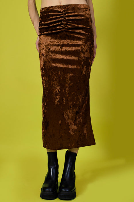 Venla Velvet Rouched Midi Skirt - Brown