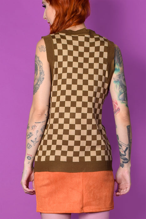 Brown Checkerboard Knitted Sweater Vest By Daisy Street