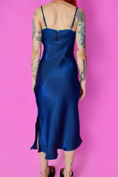 Zenith Metallic Maxi Lace Trim Slip Dress - Sapphire