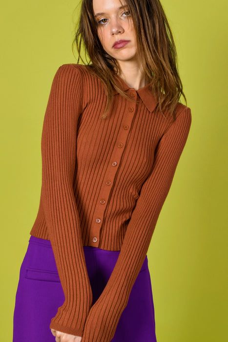 Ida Ribbed Knit Collared Button Up