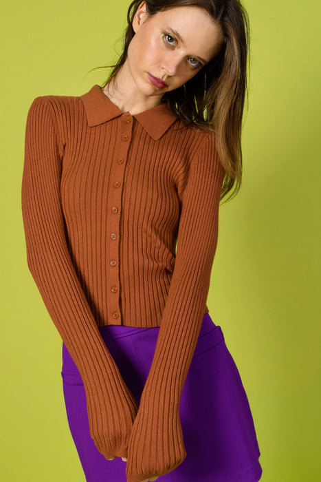 Ida Ribbed Knit Collared Button Up